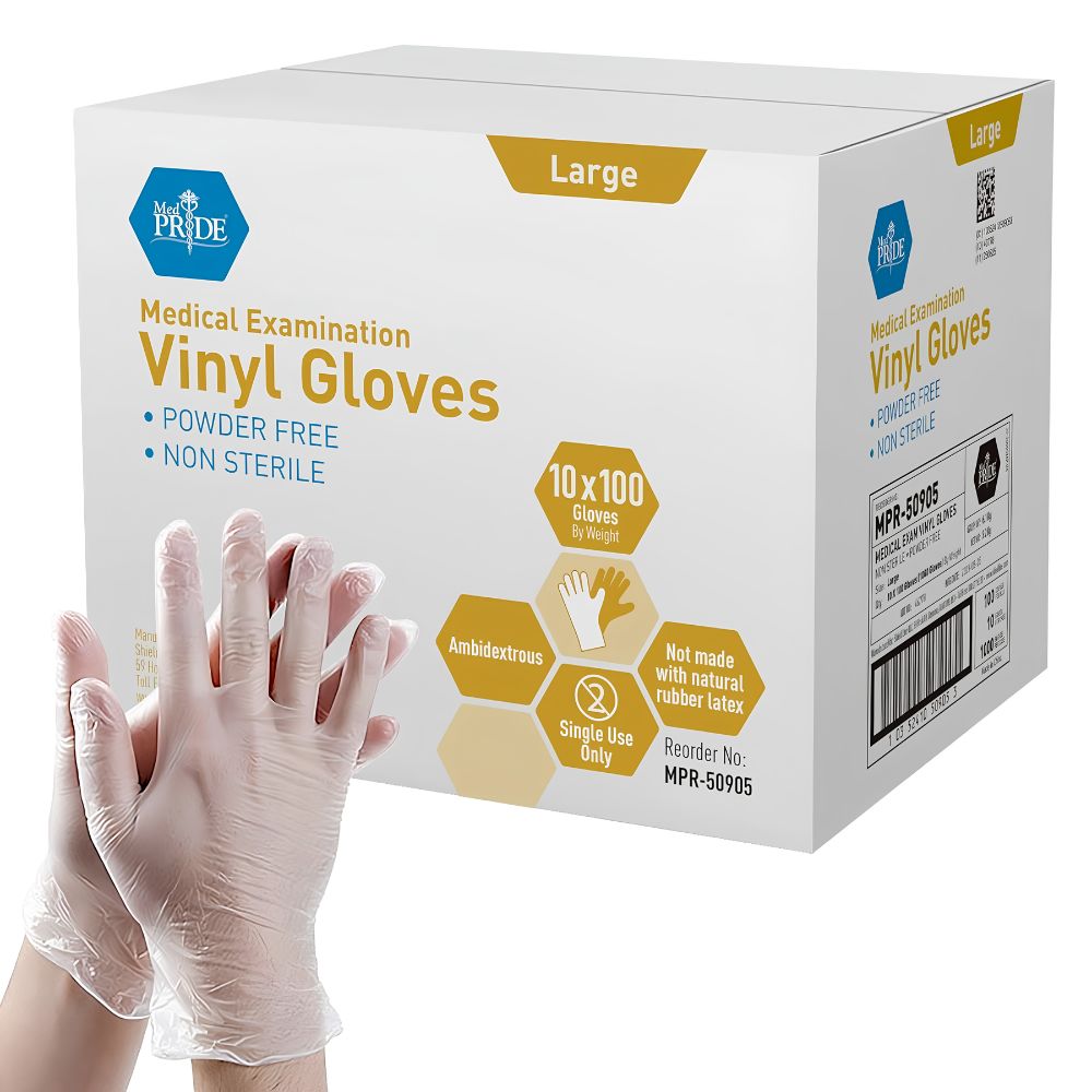 A person puts on a clear vinyl exam glove near a white and yellow box labeled Shield Line MedPride Vinyl Exam Gloves, 4 Mil Thick, Large, Powder Free, Non-Sterile. The box notes they are disposable and latex-free.