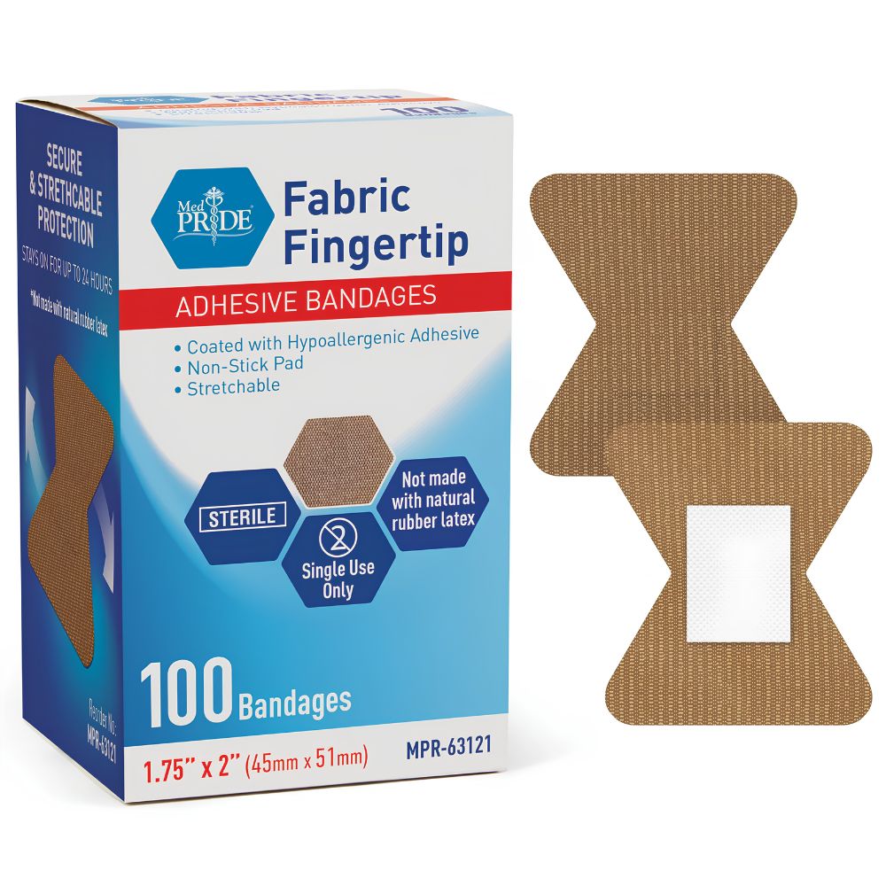 A box of Shield Line MedPride Sterile Fabric Fingertip Adhesive Bandages, 1.75" x 2" & 1.75" x 3", is shown with one flexible bandage outside. The box indicates 100 sterile, single-use bandages not made with natural rubber latex.