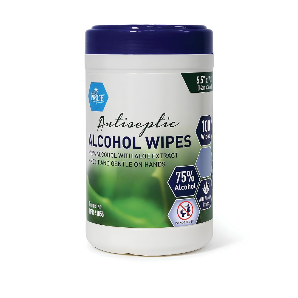 A canister of Shield Line MedPride Antiseptic Alcohol Wipes with Aloe Vera contains 100 moist, gentle wipes (75% alcohol), featuring a blue lid—ideal for hand sanitizing.