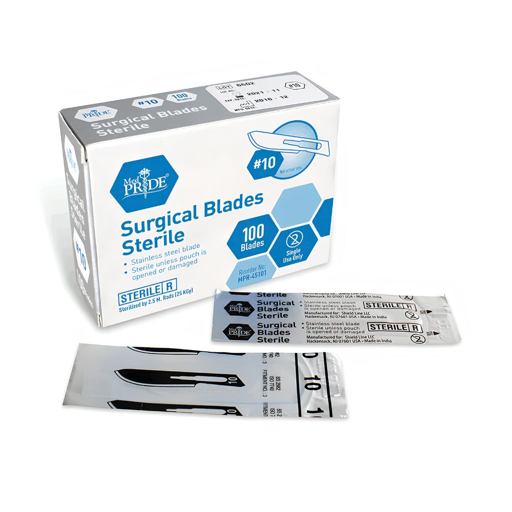 A box labeled Shield Line MedPride Surgical Stainless Sterile Blades - 100/box, with two individually wrapped sterile blades in front. Packaging states 100 stainless steel surgical blades are included.
