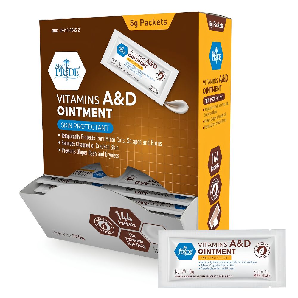 Box of Shield Line Med Pride Vitamins A & D Ointment, labeled as a skin protectant for irritated skin, cuts, scrapes, burns, and diaper rash. One 5g single-use packet is displayed outside the box.