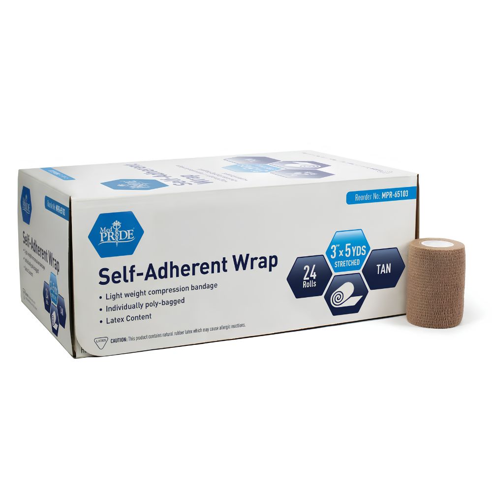 A Shield Line Medpride Self-Adherent Wrap box contains 24 tan rolls (3"x5 yds) of lightweight, latex-free cohesive compression bandages, individually bagged for wound care. One roll is shown outside the box.