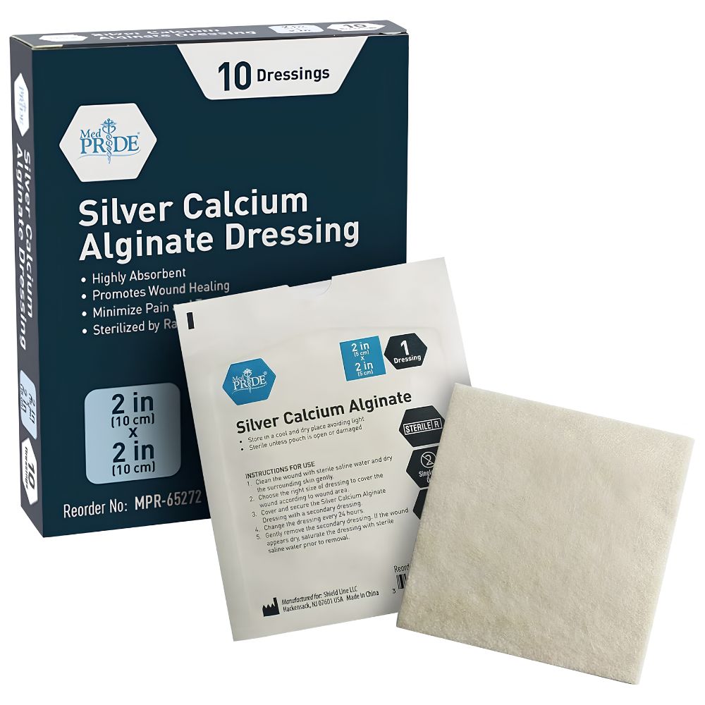 Shield Line MedPride Silver Calcium Alginate Dressing box displayed with individual 2"x2" antimicrobial wound pads (10 count), each highly absorbent and designed for advanced wound healing. Also available in 4"x5" and 4"x8" sizes.