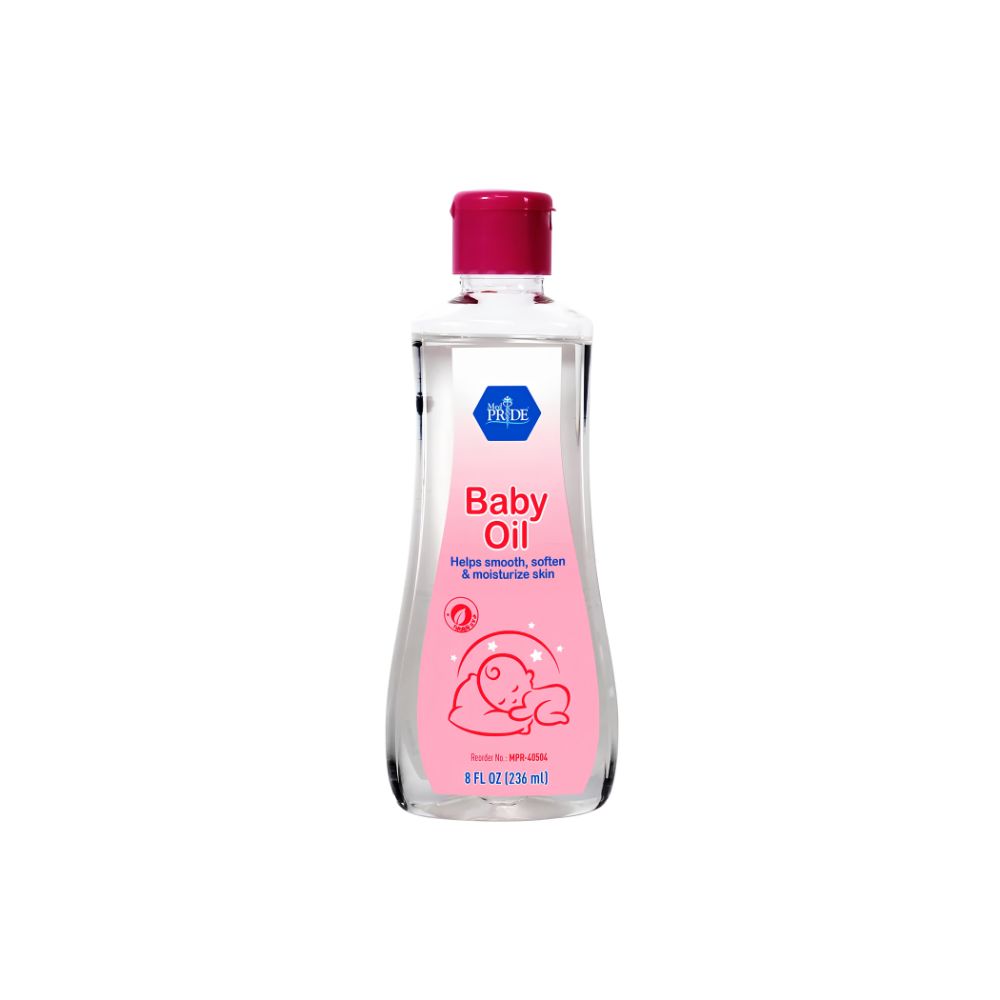 A clear plastic bottle of Shield Line MedPride Baby Oil with seal & flip top, pink label and cap. The 8 oz (236 mL) bottle features a baby illustration and is ideal for delicate skin. Sold as a case of 24.