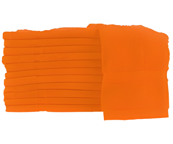 A stack of neatly folded bright orange 10S Cotton Towels by Manhattan Hosiery Co. in multiple sizes and weights, arranged horizontally against a white background.