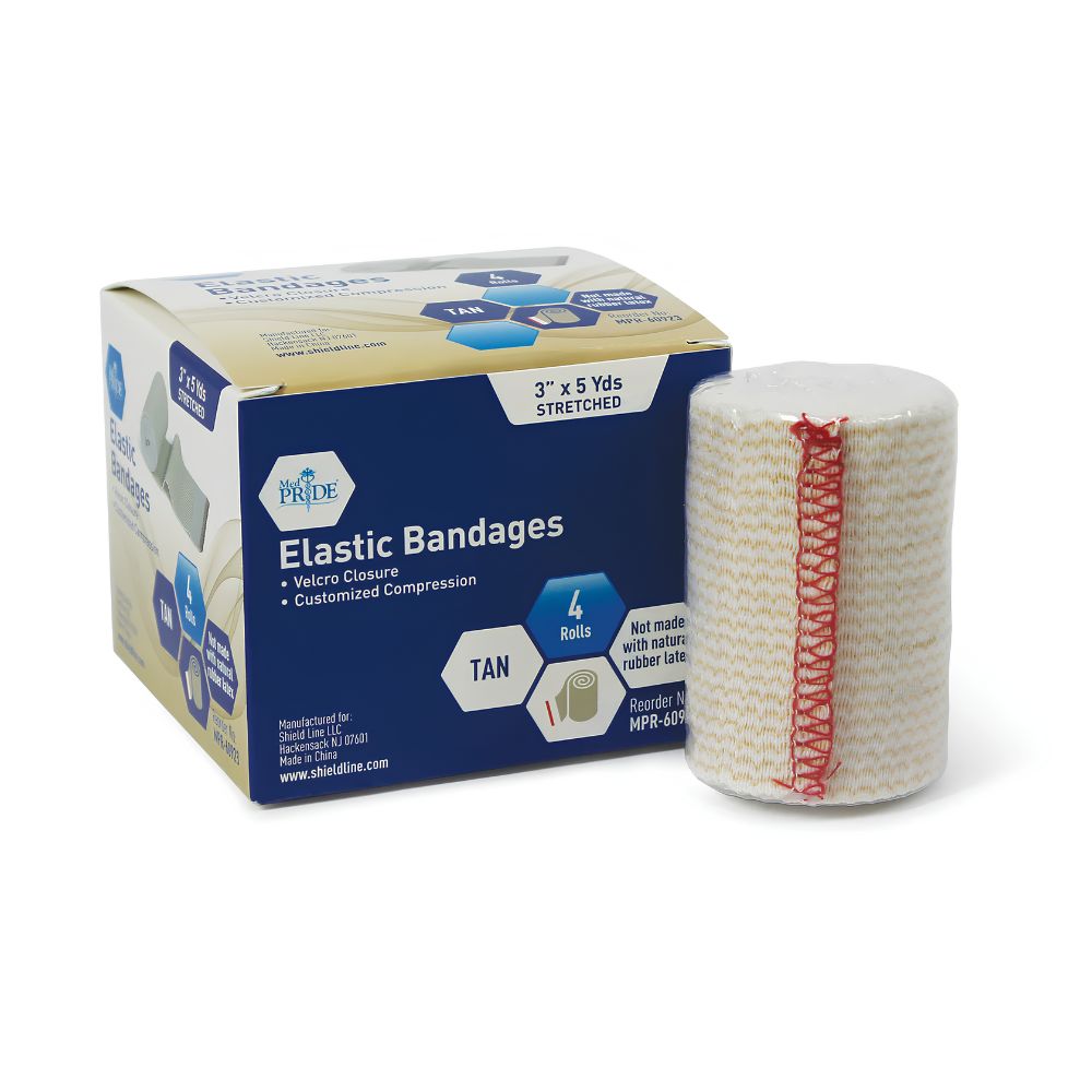 A box labeled MedPride Elastic Bandages by Shield Line, tan color, Velcro closure, 2", 3", 4", and 6" x 5 yds sizes, customized compression wrap; includes a rolled bandage and contains 4 rolls.