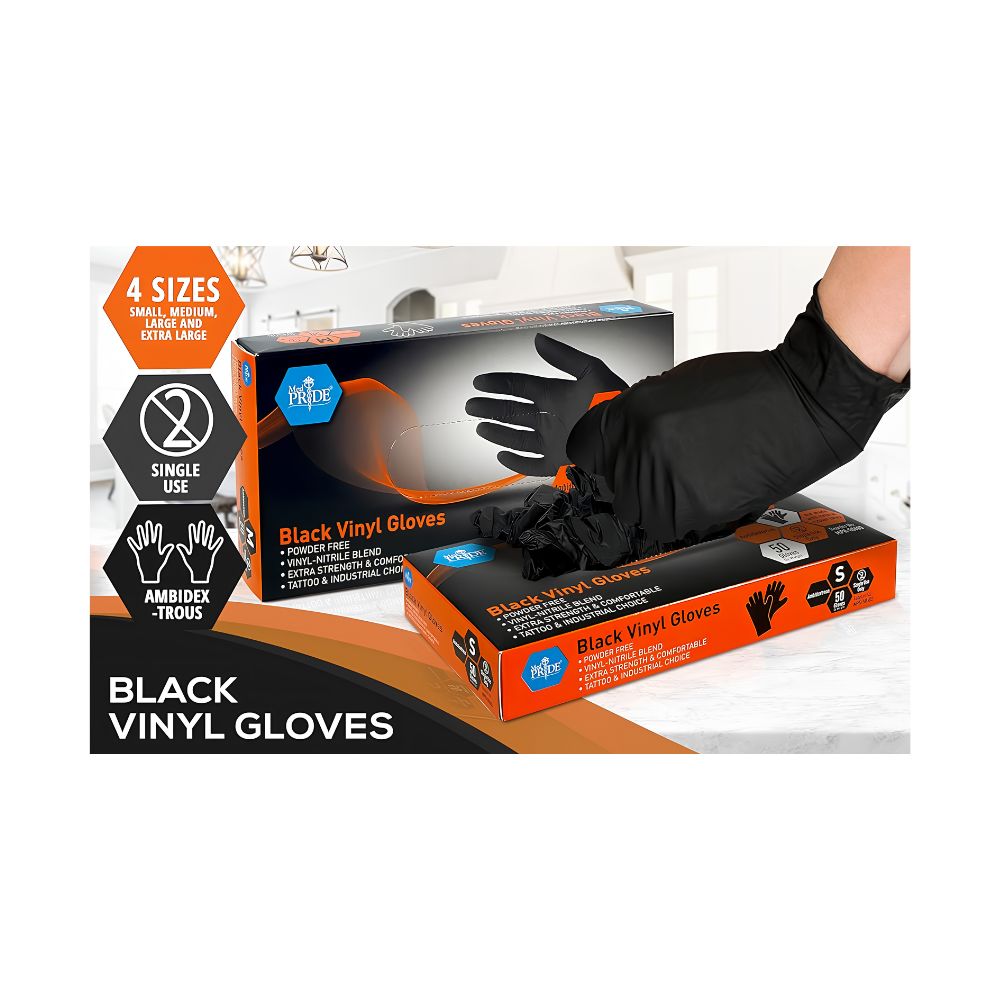 A hand in a Shield Line MedPride Black Vinyl Nitrile Glove is shown above two boxes marked powder-free, non-sterile, latex-free, ambidextrous, single-use, and available in 4 sizes: S, M, L, XL. Distributed by Go Bulk Medical.