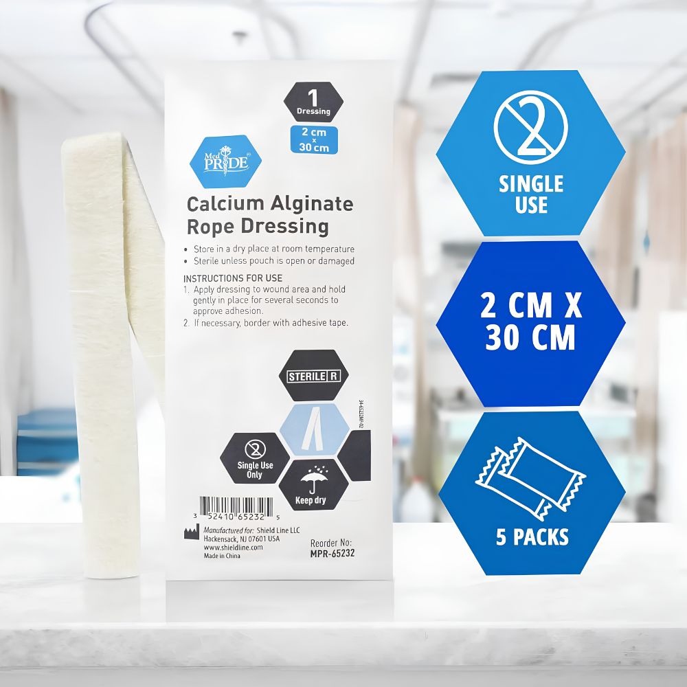 A packet labeled “MedPride Calcium Alginate Rope Dressing by Shield Line” sits beside a rolled white dressing. Blue icons indicate: “Single Use,” “3/4'' x 12'',” and “5 Packs.” Background shows a medical setting, ideal for wound care.