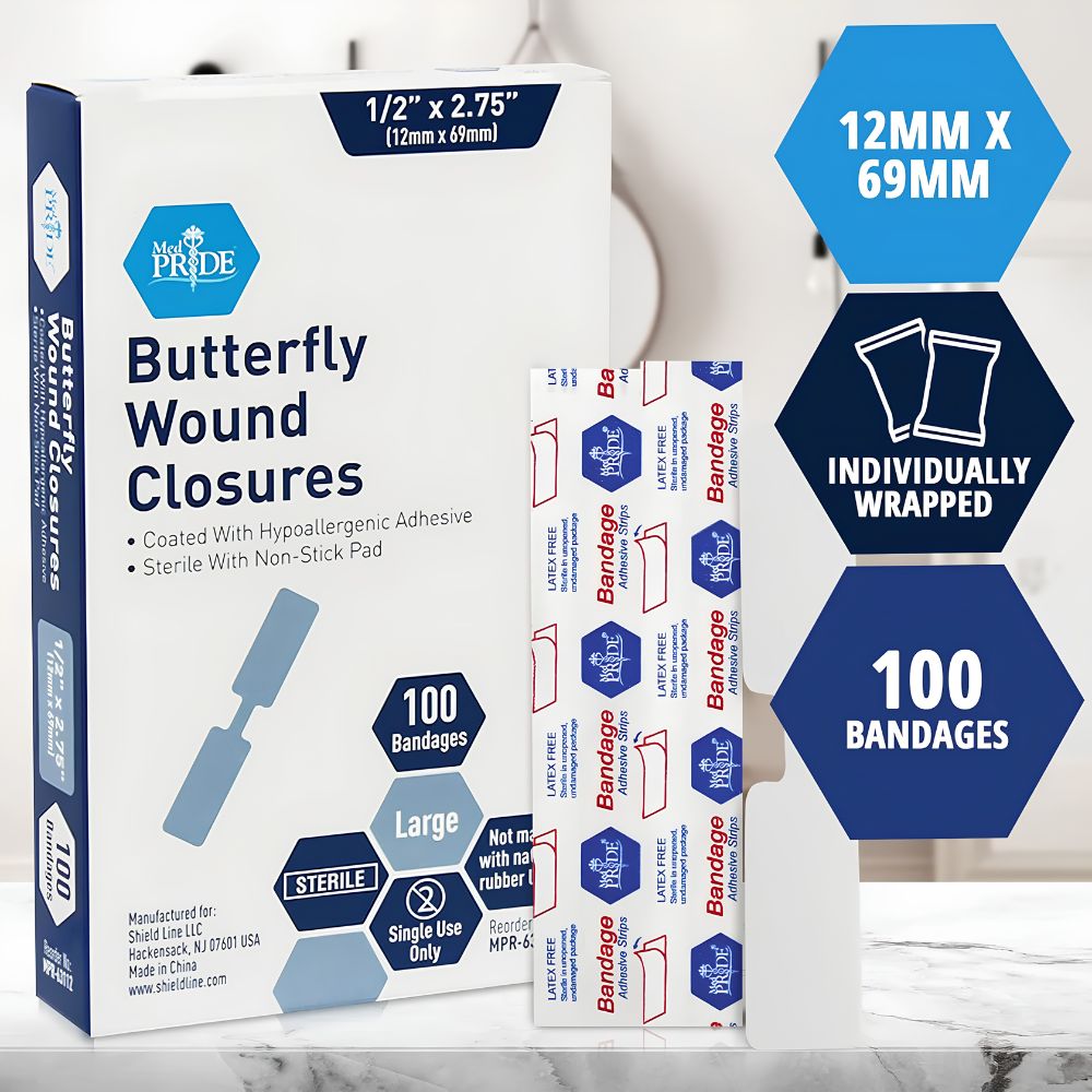 Shield Line MedPride Adhesive Bandage Butterfly Wound Closures shown with bandages: sterile fabric, medium (3/8" x 1 13/16") & large (1/2" x 2.75"), hypoallergenic adhesive, non-stick pad, individually wrapped, 100 count.