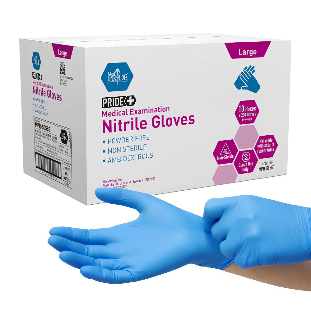 A box labeled Shield Line MedPride Nitrile Exam Gloves 4.3 Mil Thick is shown with a hand in a blue glove. The box states these large, disposable gloves are non-sterile, powder-free, latex-free, and ambidextrous.