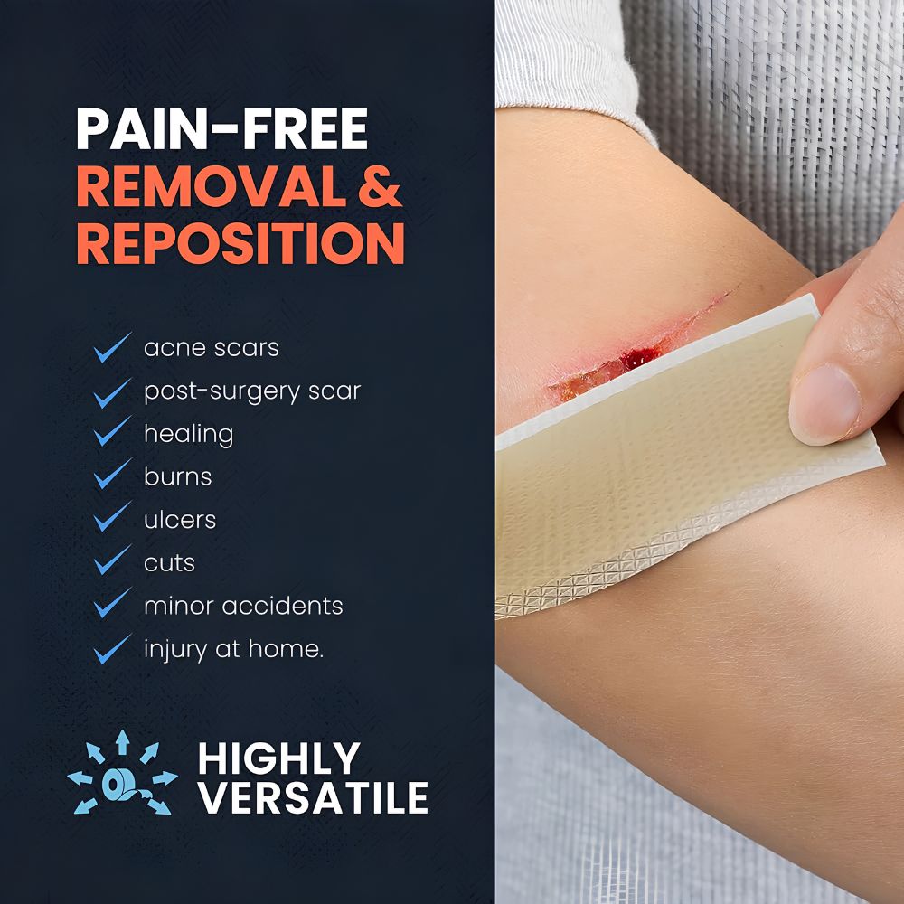 A person applies MedPride Easy-Tear Silicone Gel Tape Roll by Shield Line to their arm—ideal for acne scars, post-surgery scars, burns, ulcers, cuts, and minor injuries as a gentle wound dressing tape.