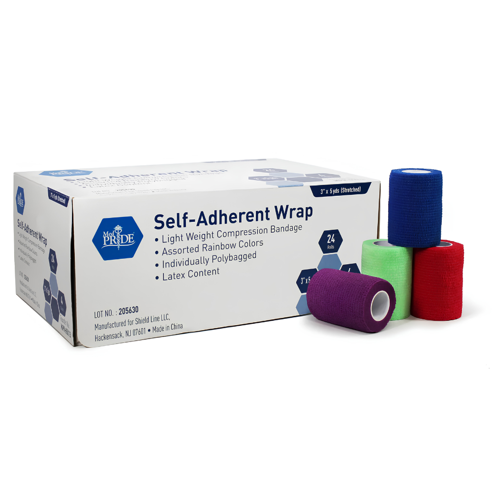 A Shield Line Medpride Self-Adherent Wrap box stands beside four colorful rolls—purple, green, blue, and red—showing its lightweight, latex-free design in assorted rainbow colors and sizes: 2"x5", 3"x5", 4"x5", and 6"x5" yds.
