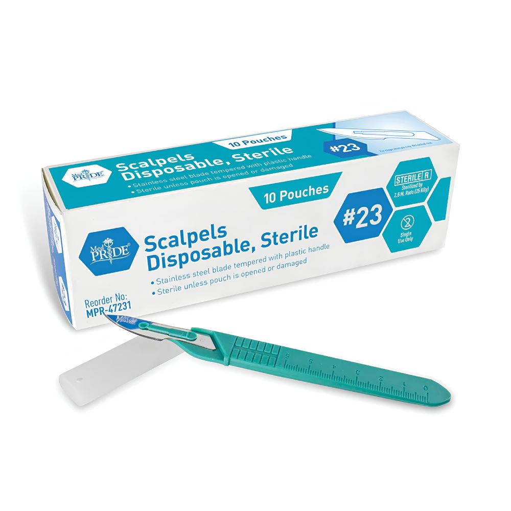 A box labeled "Shield Line MedPride Disposable Scalpels - Stainless - Sterile" is shown with a green sterile scalpel and protective cover in front. The box notes it contains 10 pouches and displays medical and sterile symbols for precision cutting.