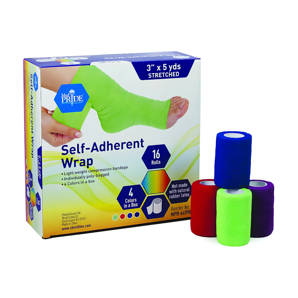 A box of Shield Line Medpride Self-Adherent Wrap (2"x5" yds. & 3"x5" yds.), Rainbow, latex-free, 16 rolls/box is shown, with individual wraps in blue, red, green, and purple. The box features a wrapped leg and product details.