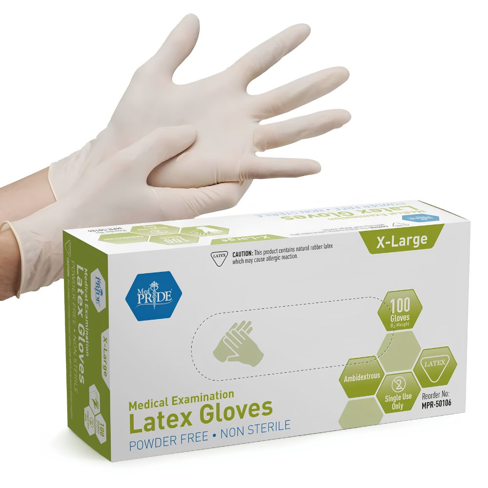 A person puts on a white disposable glove next to a green and white Shield Line box labeled MedPride Latex Exam Gloves, 5 Mil Thick, Non-Sterile, Powder Free.