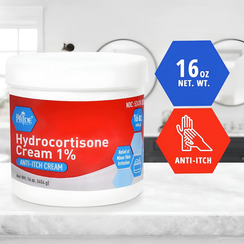 A 16 oz container of Shield Line MedPride 1% Hydrocortisone Cream sits on the counter. Graphics highlight anti-itch relief for minor skin irritation, making it an ideal eczema treatment and anti-itch cream.