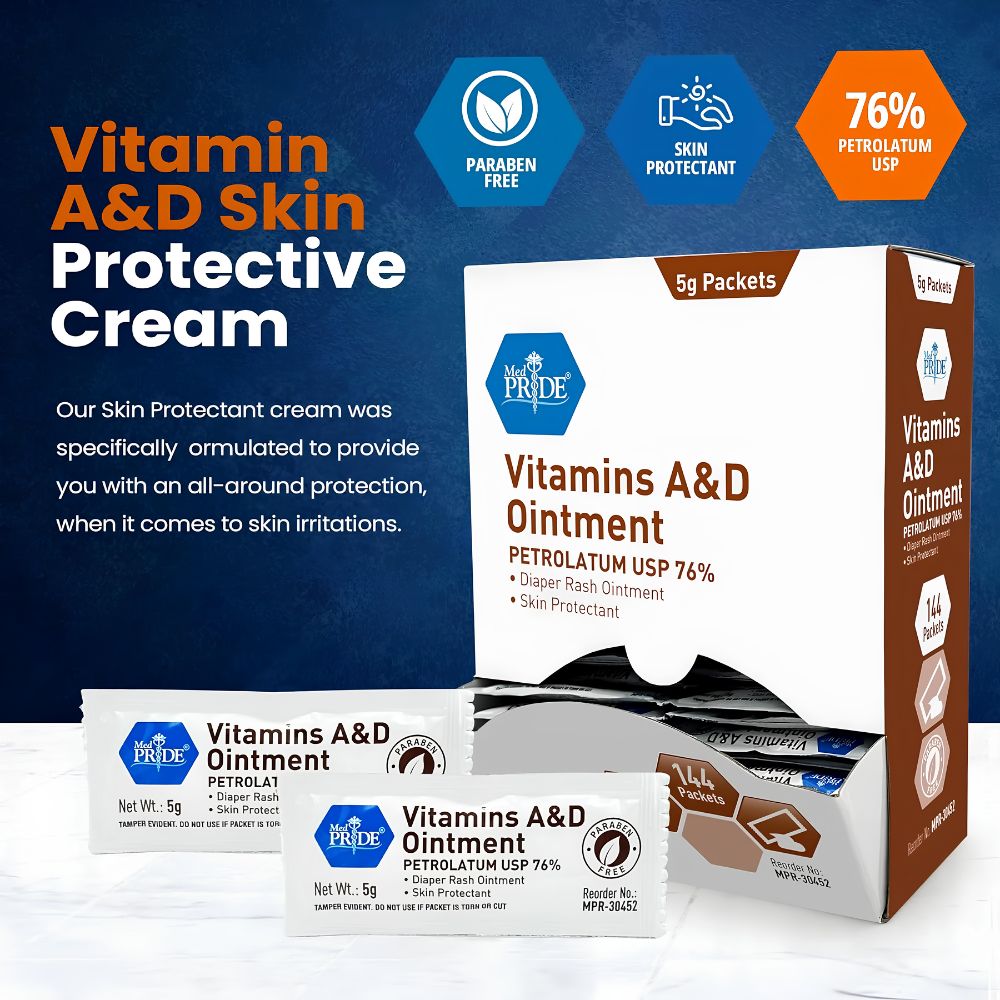 Image showing a box and sachets of Med Pride Vitamins A & D Ointment by Shield Line. This paraben-free skin protectant contains 76% petrolatum, soothes irritated skin, and helps treat diaper rash and minor skin irritations.
