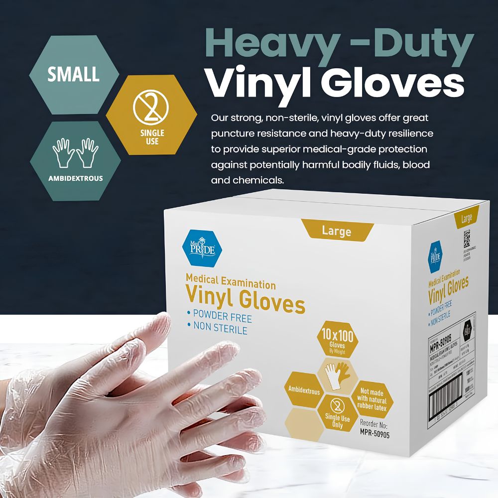 A person wears Shield Line MedPride Vinyl Exam Gloves (4 mil thick, non-sterile, powder free) before a white box. The gloves are latex-free, ambidextrous, heavy-duty, and puncture resistant.