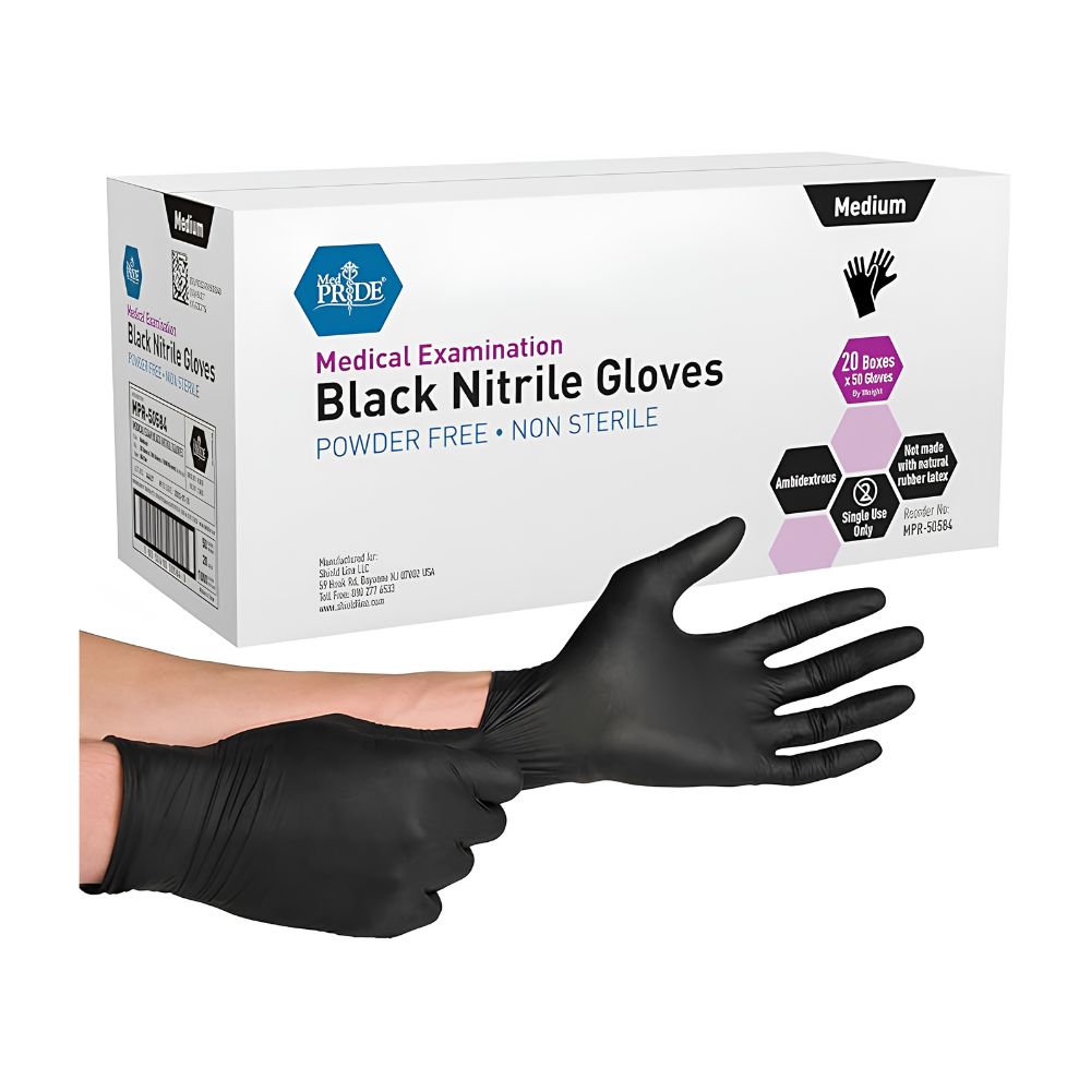 A Shield Line MedPride Black Nitrile Exam Gloves box (4 mil thick) shows two hands donning a black glove. The box notes these are latex-free, powder-free, non-sterile medical examination gloves in size medium.
