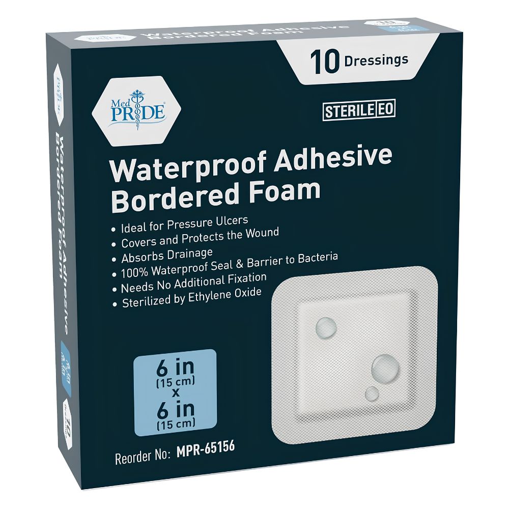 Shield Line Medpride Waterproof Adhesive Border Foam Wound Dressing, 6"x6", box of 10 sterile dressings. Provides advanced care for pressure ulcers, absorbs drainage, protects wounds, and is fully waterproof.
