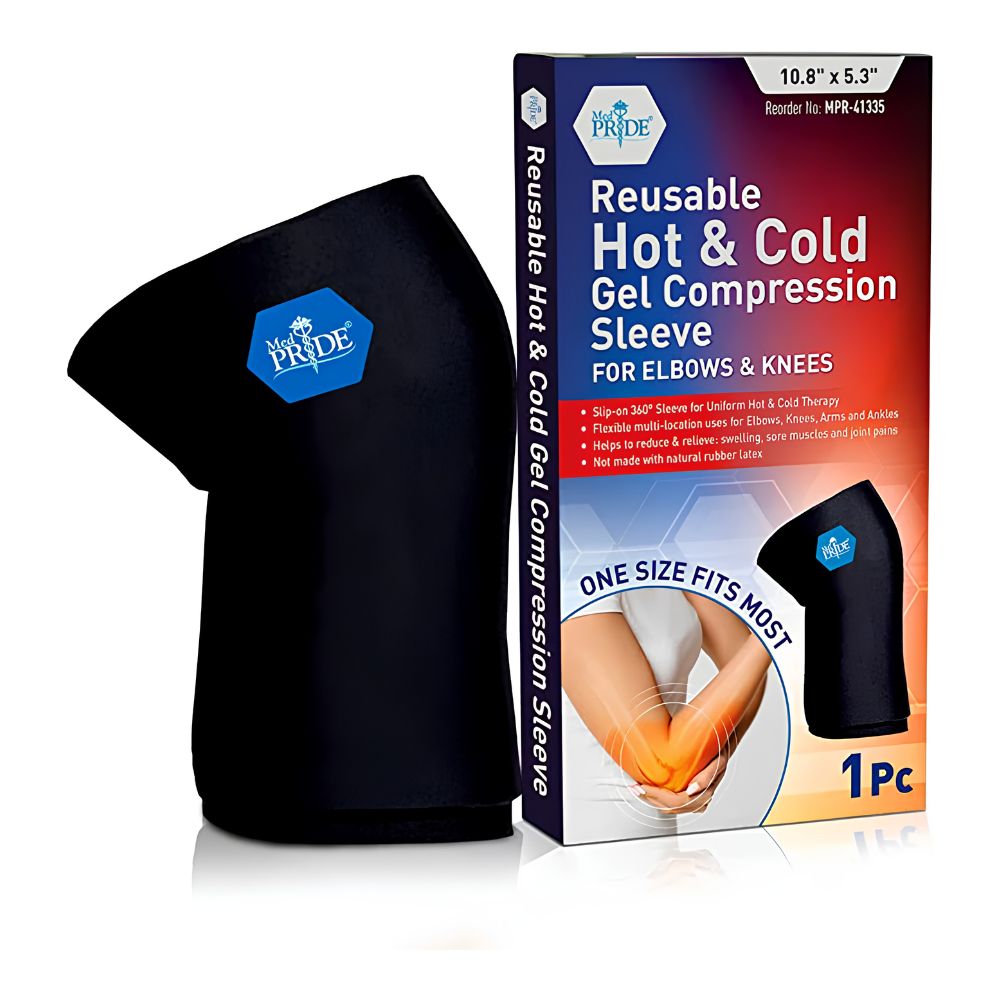 A MedPride Hot & Cold Gel Compression Sleeve by Shield Line, in black and one size (10.82" x 5.3"), is shown with its box highlighting use for elbows and knees, compression therapy benefits, and "One Size Fits Most.