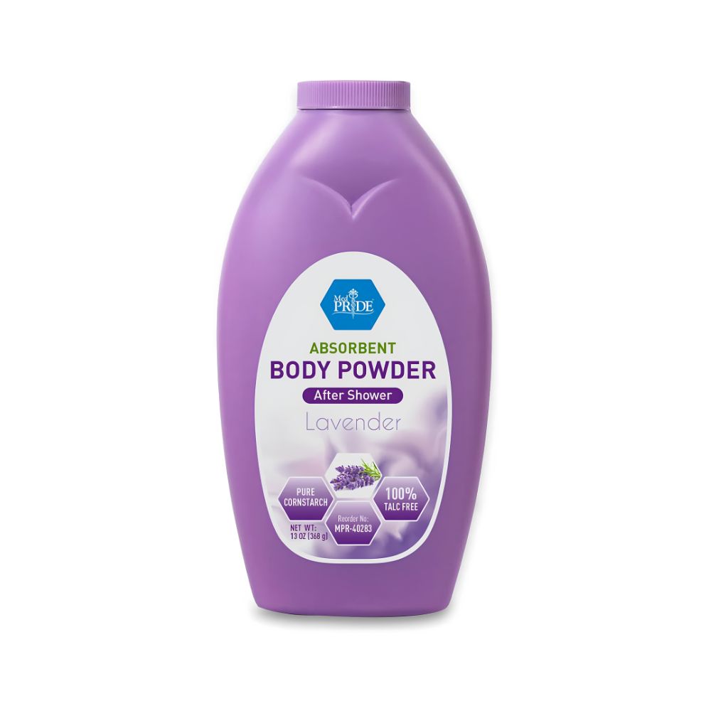 A 13 oz bottle of MedPride Body Powder w/seal by Shield Line, labeled After Shower, provides talc-free protection for delicate skin and helps prevent diaper rash. Features a purple bottle design with lavender flower images.