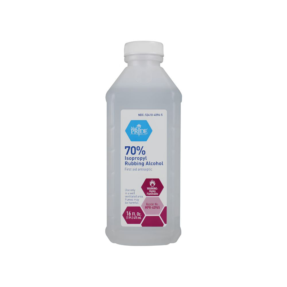 A clear plastic bottle of Shield Line MedPride 70% isopropyl rubbing alcohol with a white cap and blue-white label. This 16 oz (473 mL) disinfectant is used as a first aid antiseptic.