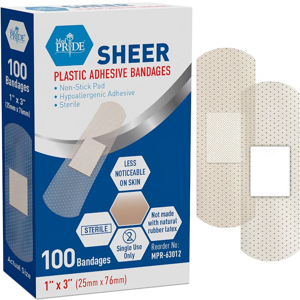 A box of Shield Line MedPride Sheer Strip Adhesive Bandages, 1"x3", highlights 100 sterile, hypoallergenic first aid strips with non-stick pads for discreet wound protection; two bandages are shown on the packaging.