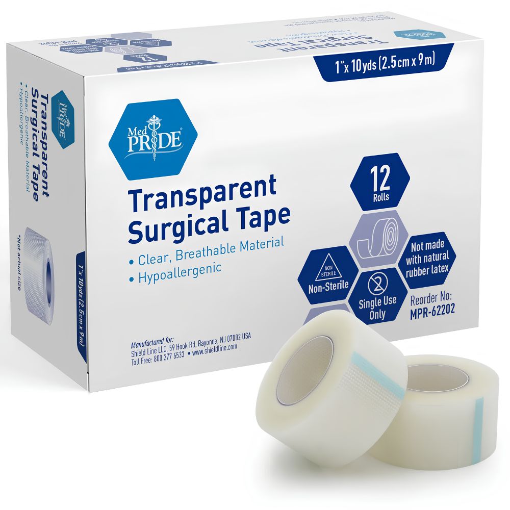 A white box of Shield Line MedPride Clear Surgical Tape contains 12 rolls of hypoallergenic, latex-free, non-sterile transparent medical tape in assorted sizes. Two breathable tape rolls are shown in front to highlight its clear design.