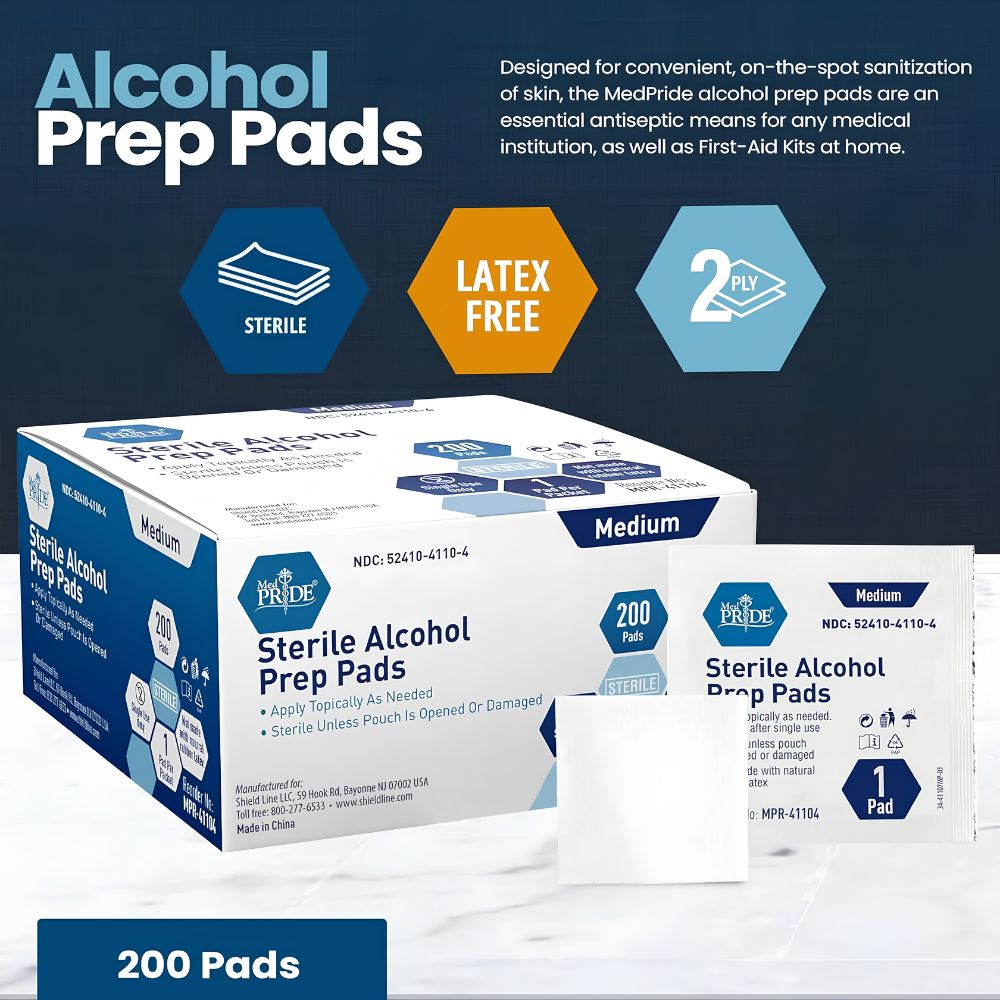 Shield Line MedPride Sterile Alcohol Prep Pads come in a box of 200 latex-free, 2-ply antiseptic wipes, sterile and perfect for convenient on-the-spot sanitization.