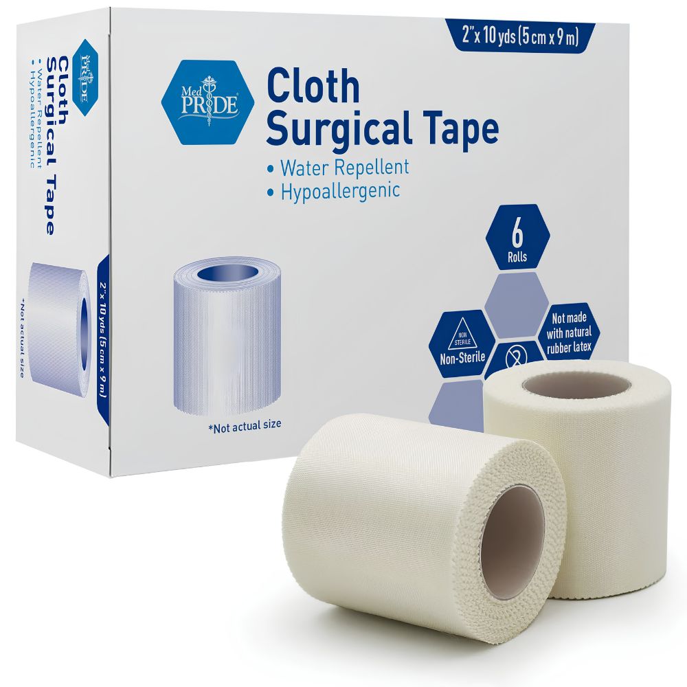 A Shield Line MedPride Cloth Surgical Tape box shows two white tape rolls. The box features water repellent, hypoallergenic tape, latex-free, and 6 rolls per pack—ideal for wound care. Available in 1/2", 1", 2", and 3" x 10 yds sizes.