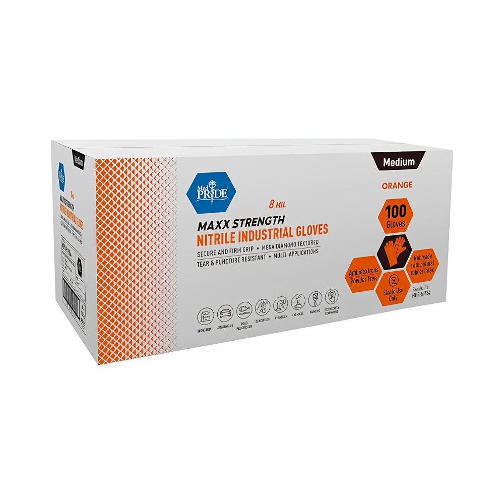 Box of Shield Line MedPride Maxx Strength Nitrile Industrial Orange Gloves, size medium, 8 mil thick, tear and chemical-resistant, 100-count. Packaging features hexagon patterns and product info on a white background.