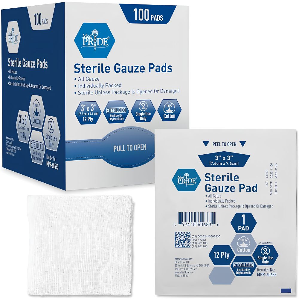 A box labeled “Shield Line MedPride Sterile Gauze Pads, 100 Pads” is shown with an individual sealed pack and an unfolded pad. Packaging highlights 12-ply, 3"x3", 100% cotton, individually packed for first aid and wound care.