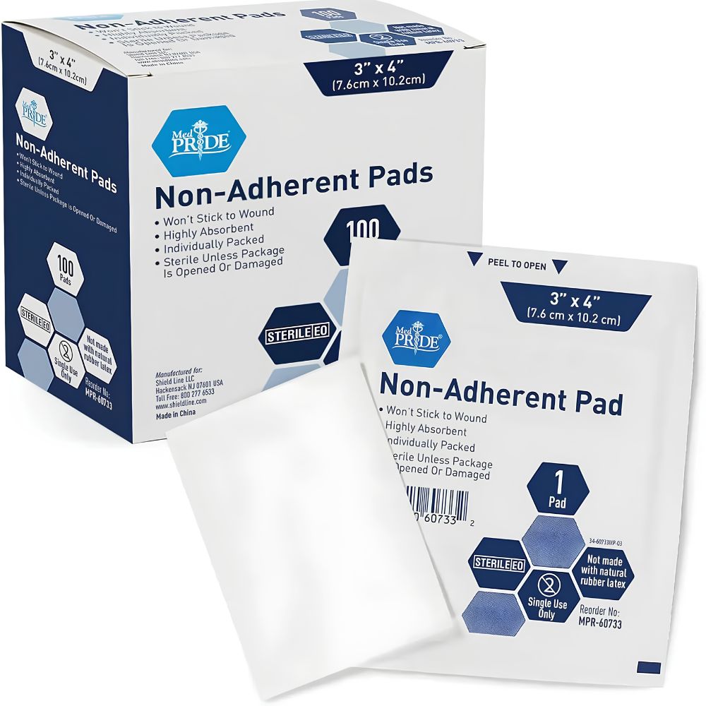 A Shield Line MedPride Sterile Non-Adherent Pads box (3"x4") and a single pad are shown. The box highlights 100 individually wrapped, highly absorbent, non-stick wound dressings for comfortable care.
