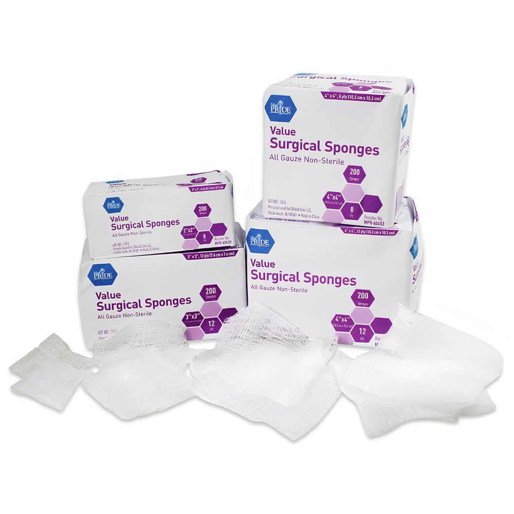 Four packages of Shield Line MedPride Value Gauze Surgical Sponges – Non-Sterile, each labeled 200 count, are shown. Several gauze sponges are spread out in front to display their texture and size for wound care.