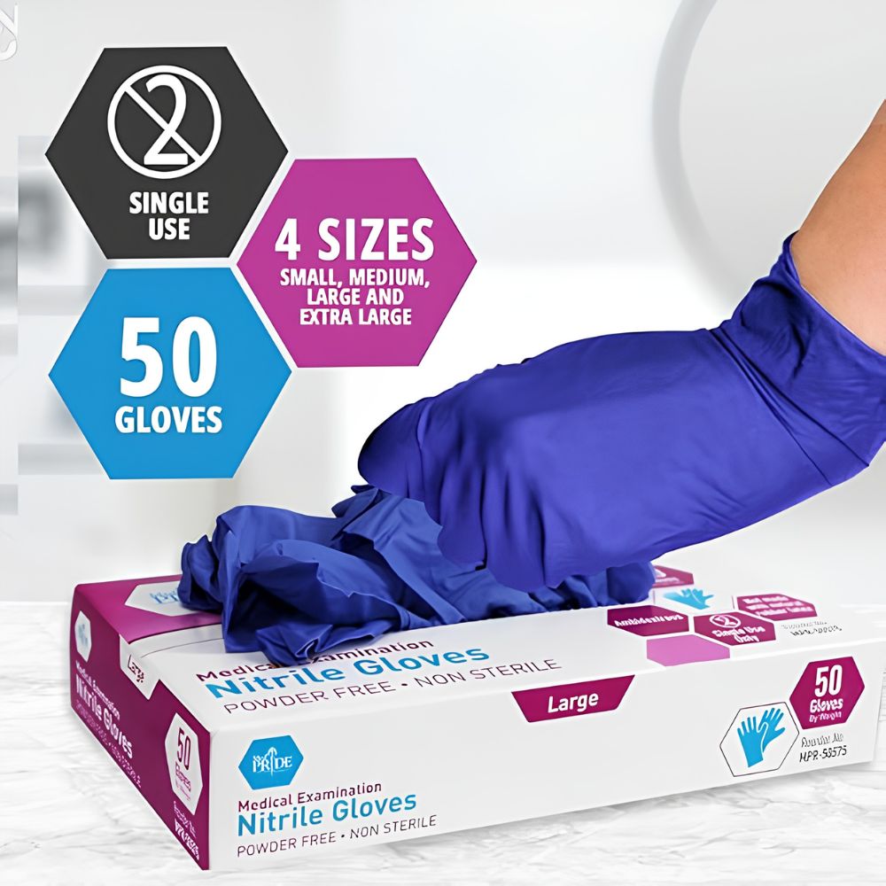 A hand in a blue nitrile glove holds another above a Shield Line box labeled "MedPride Nitrile Ice Blue Exam Gloves 4.6 Mil Thick Powder Free Non Sterile"; these latex-free, single-use gloves come in 4 sizes, with this large box containing 50 gloves.