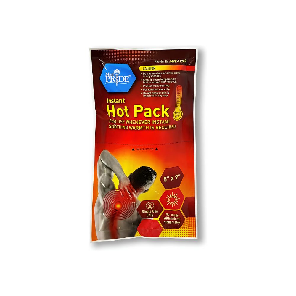 A Shield Line MedPride Instant Hot Packs Disposable Warm Compress Heating Pad (5" x 9", 24/cs) delivers soothing warmth and muscle relief—single-use, no boiling or rubber cover needed. Image shows use on upper back.