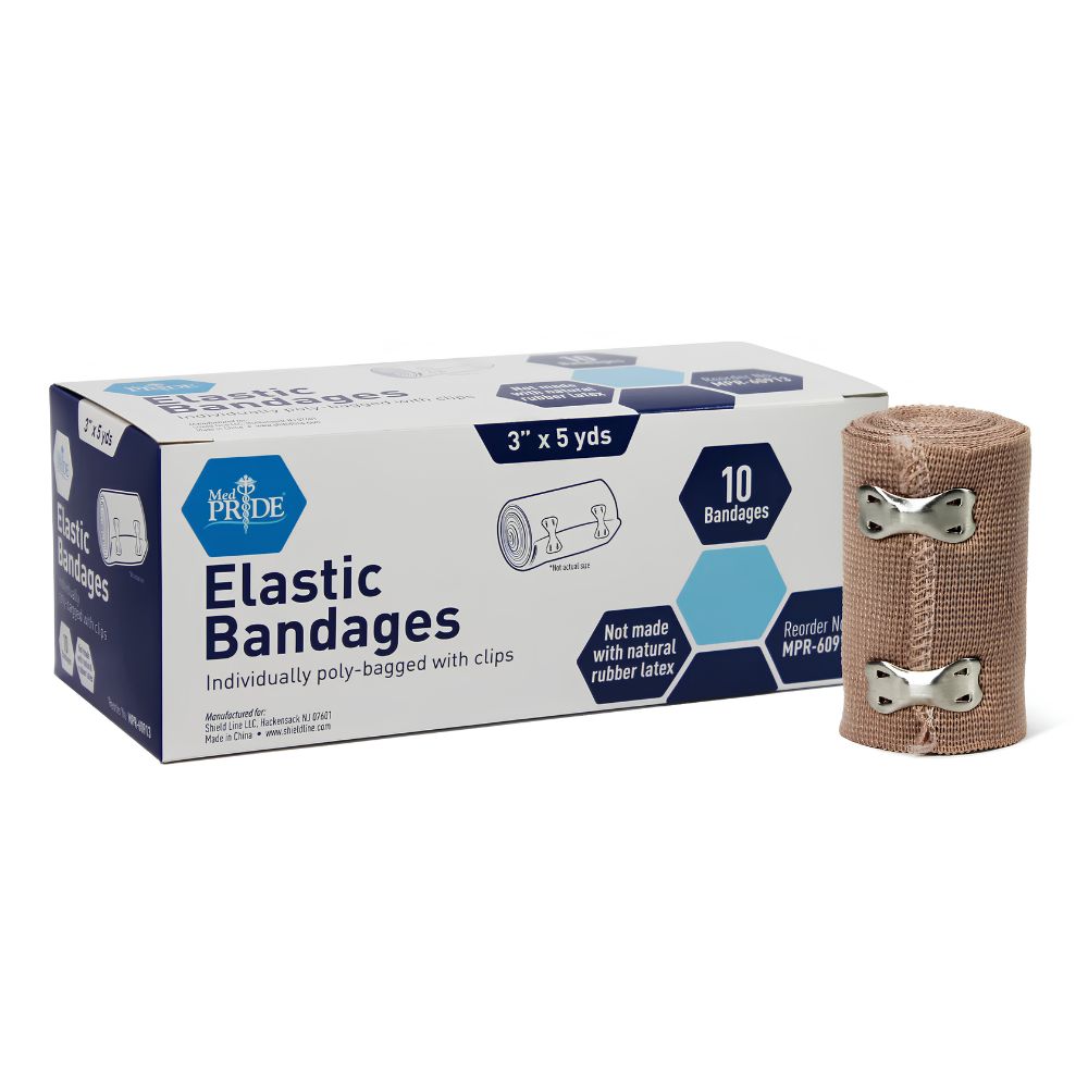 A box of Shield Line MedPride Non-Sterile Elastic Bandages (3” x 5 yds) with one rolled beige bandage and two metal clips beside it. The box contains 10 bandages and is labeled “Not made with natural rubber latex.”.