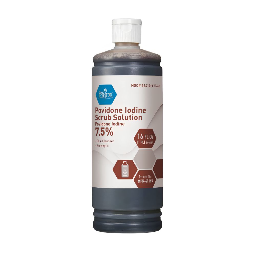 A 16oz plastic bottle of Shield Line MedPride Povidone Iodine Prep Solution, featuring a white cap and brown liquid, is labeled for antiseptic skin cleansing and wound care. Available in cases of 24 or 1-gallon bottles (case of 4).