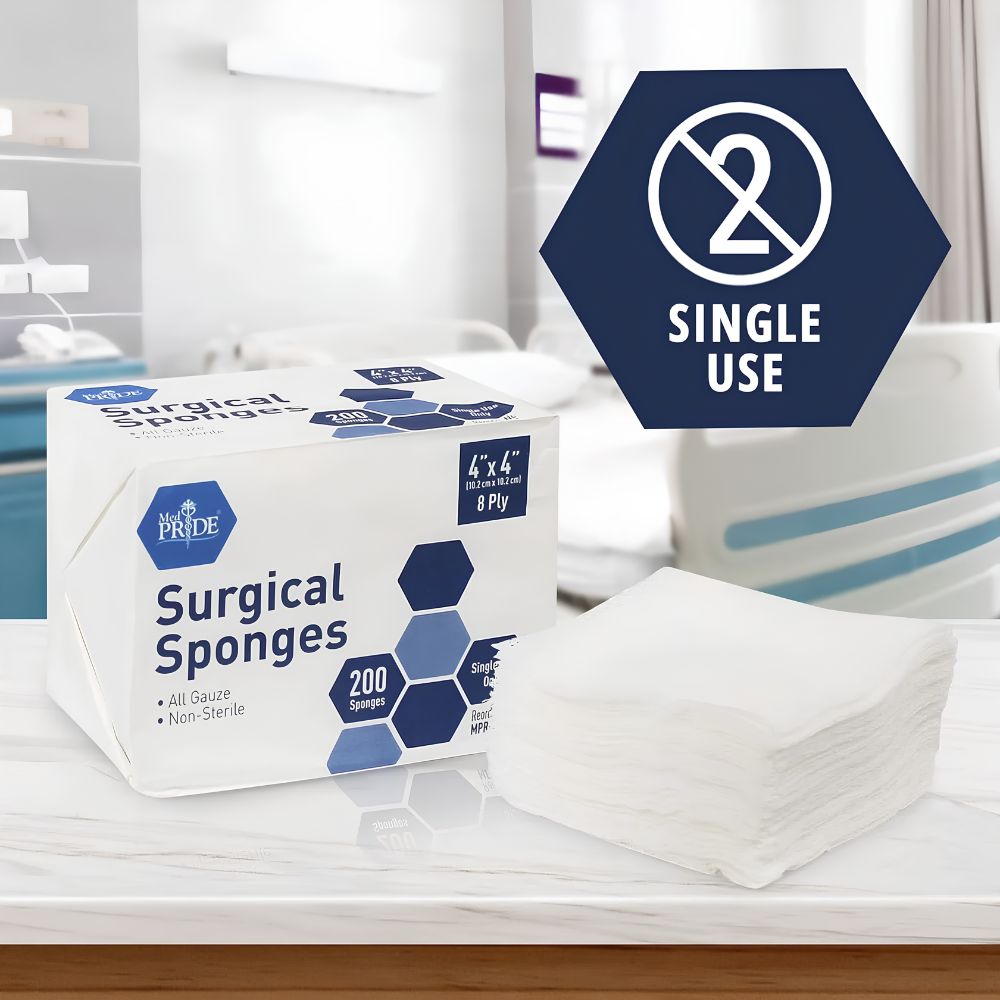 A box labeled "MedPride Surgical Sponges, 4''x4'', 8 Ply - Gauze Pads Non sterile" by Shield Line sits on a table next to white gauze sponges. A Single Use icon highlights proper wound care in a blurred medical room background.