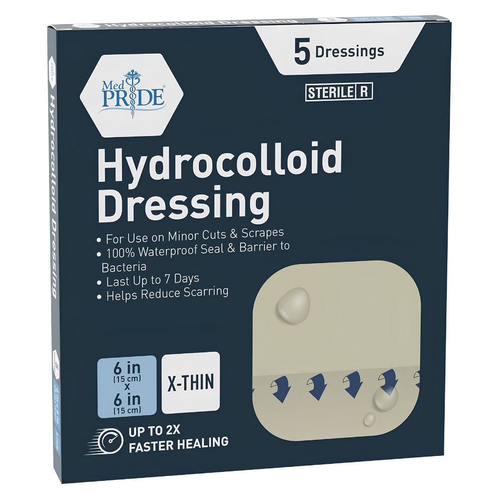 A box of Shield Line Medpride Hydrocolloid Wound Dressing Pads 6"x6" Extra Thin includes 5 sterile, waterproof adhesive patches for minor cuts. They last up to 7 days, help minimize scarring, and come in blue and white packaging for easy identification.