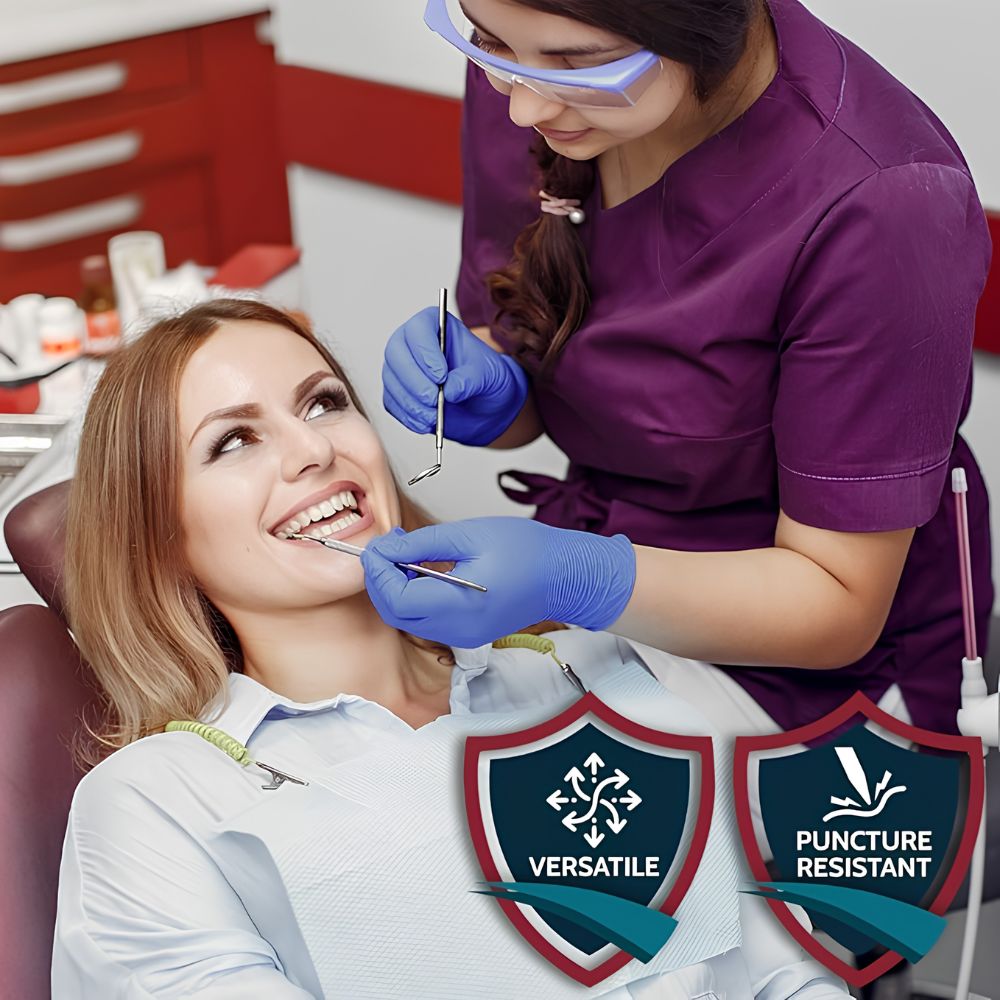 A dentist in MedPride Shield Line Nitrile Exam Gloves examines a smiling woman’s teeth. Two shield icons read "VERSATILE" and "PUNCTURE RESISTANT.