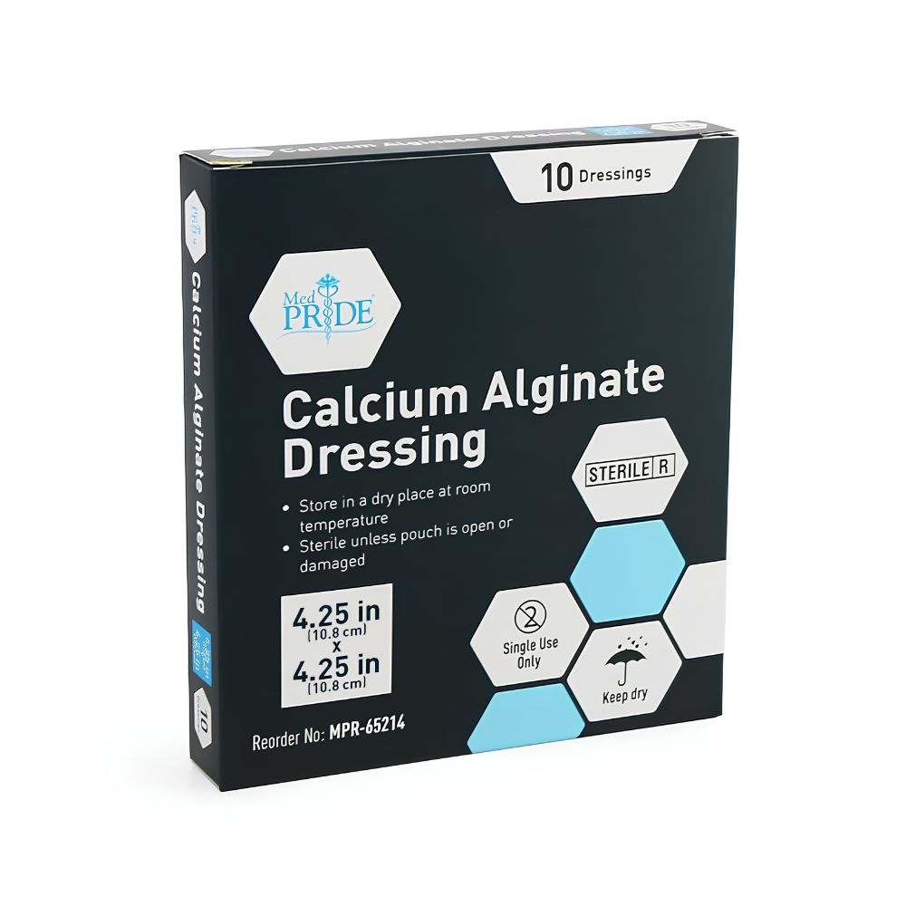 A black box of Shield Line MedPride Calcium Alginate Dressing with 10 sterile, highly absorbent 4.25"x4.25" pads. The packaging features single-use, keep dry, and storage instructions for advanced wound care.