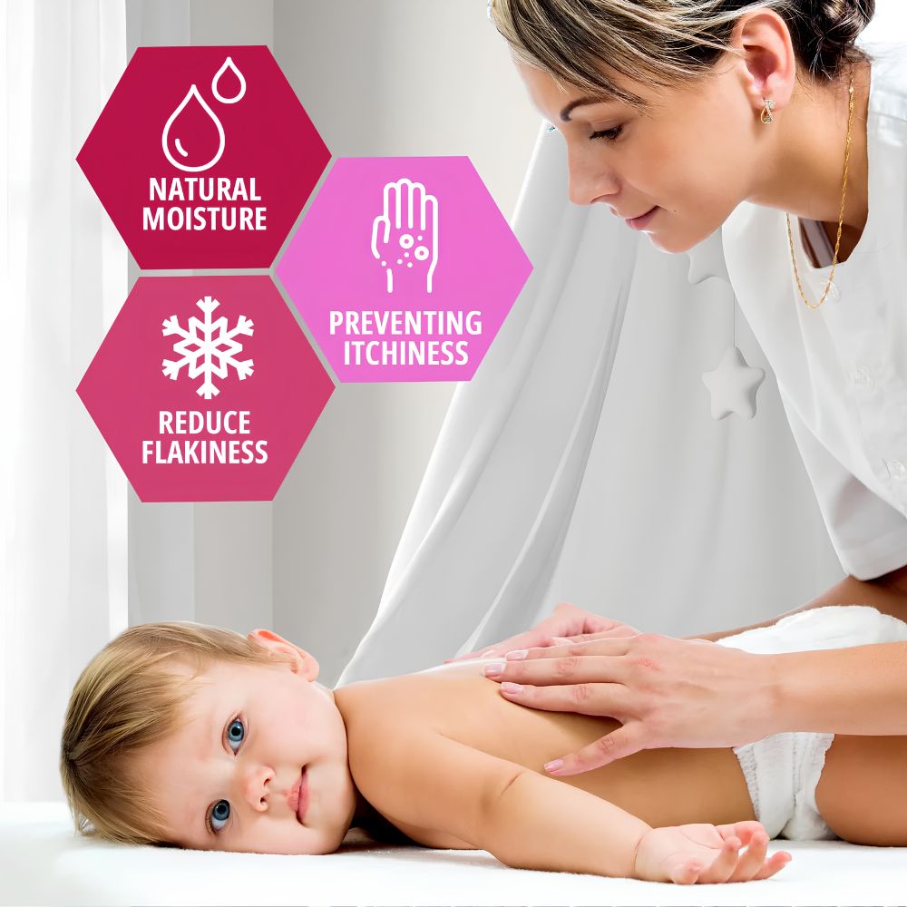 A woman gently applies Shield Line MedPride Baby Oil (8 oz, flip top) to her baby's delicate skin. Three icons show: natural moisture, less flakiness, and itch relief. The bright scene highlights caring use—available in cases of 24.