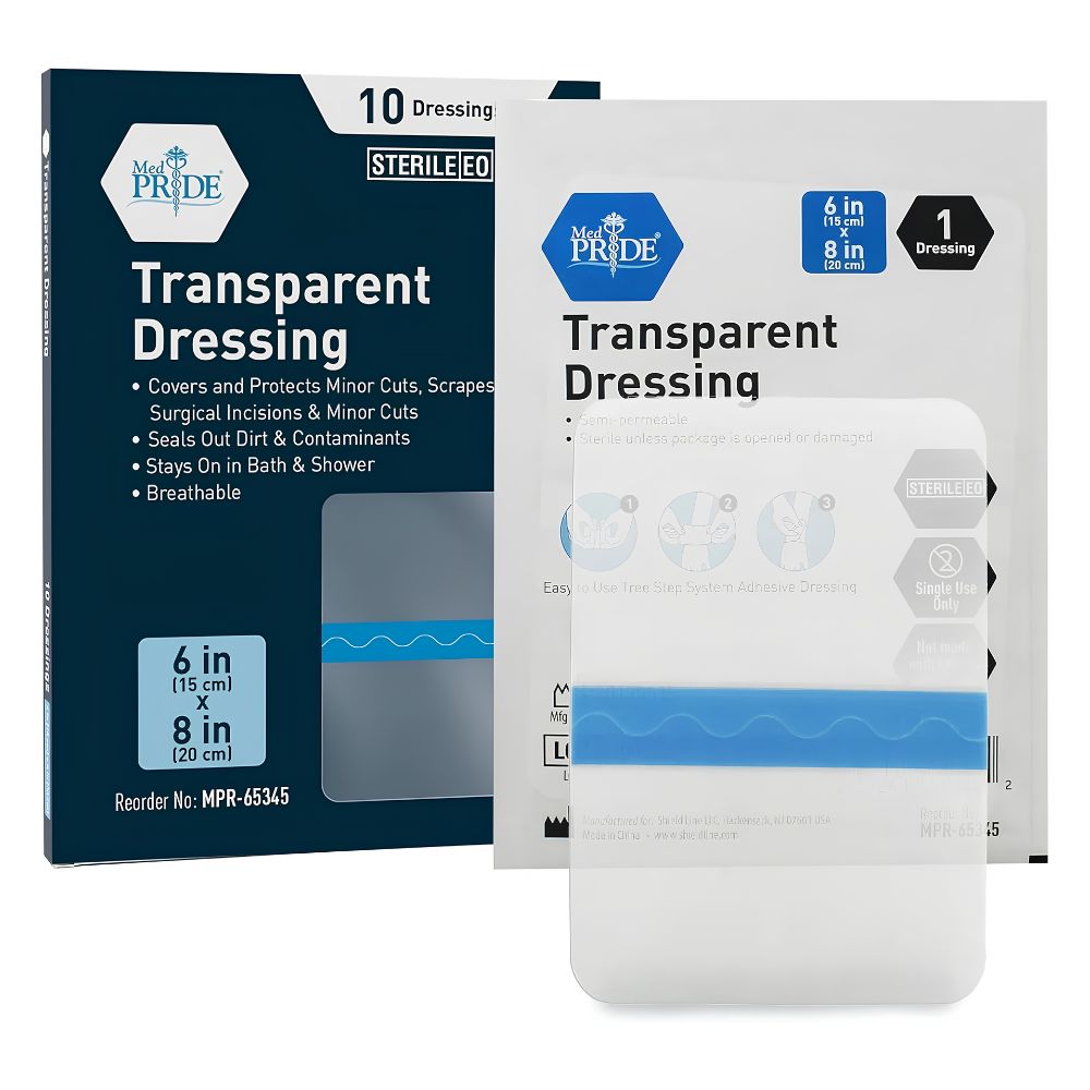 A box and packet of Shield Line MedPride Transparent Film, a waterproof wound dressing in 4"x5" and 6"x8" sizes, ideal for covering cuts, scrapes, minor surgical incisions, and tattoo aftercare.