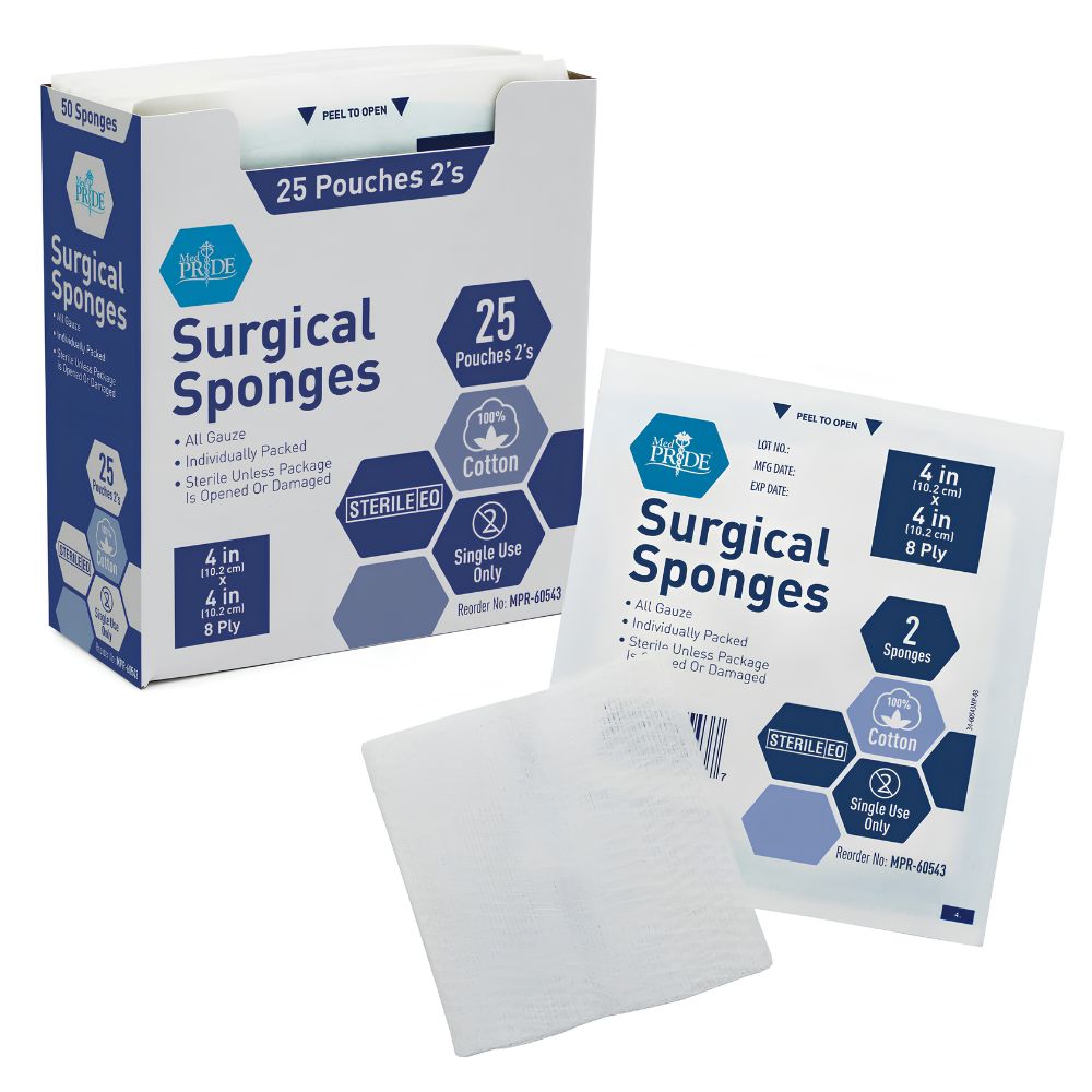 A box labeled MedPride Sterile Surgical Gauze Sponge by Shield Line and two individual 4"x4" 12-ply cotton packs are shown. One pack is open, displaying a white sponge. Packaging notes sterility and includes 25 pouches of 2 sponges each.