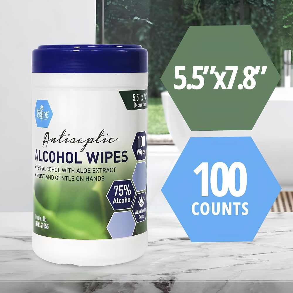 A canister of Shield Line MedPride Antiseptic Alcohol Wipes (75% alcohol, aloe vera) with 100 wipes (5.5"x7.8") sits on a bathroom counter; gentle yet effective cleaning from a total of 1200 wipes per case (12 canisters).