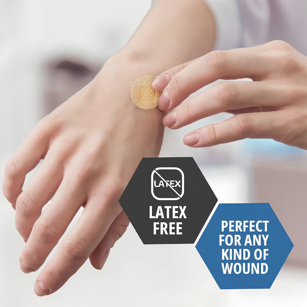 A person applies a Shield Line MedPride Sheer Junior Spot Adhesive Bandage (3/8” x 1.5”) to their hand. Overlay text reads “Latex Free” with a crossed-out latex symbol, and “Perfect for any kind of wound.”.