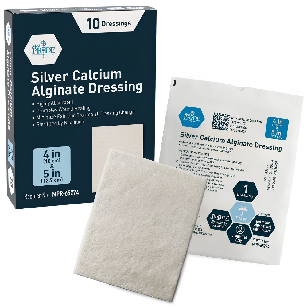 A Shield Line MedPride Silver Calcium Alginate Dressing box displays a 4"x5" antimicrobial dressing pad. The box notes 10 dressings and highlights advanced wound healing benefits. Other sizes available: 2"x2" and 4"x8".