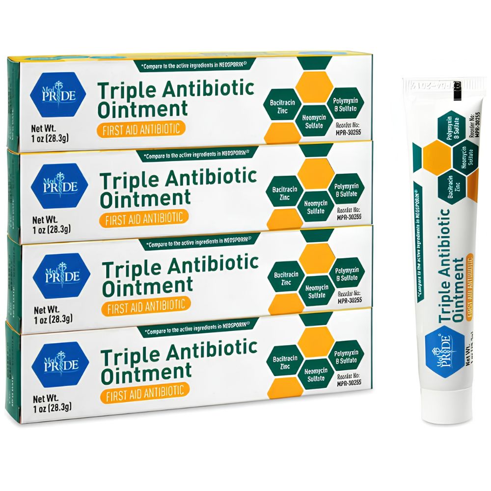 Five boxes and one tube of Shield Line MED PRIDE Triple Antibiotic Ointment are shown, with white, green, and orange packaging highlighting its first aid wound care use with Bacitracin, Neomycin, and Polymyxin B for infection prevention.